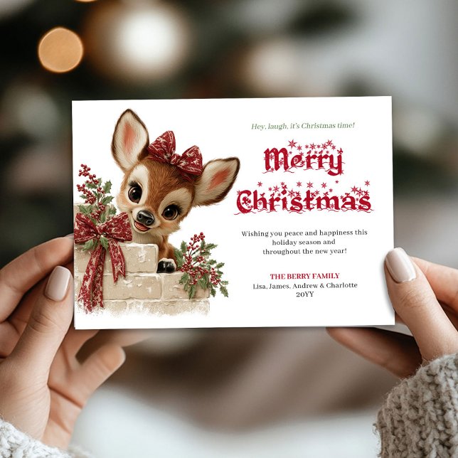 Tarjeta divertida de Navidad con reno curioso (Festive Christmas funny reindeer peeking card)