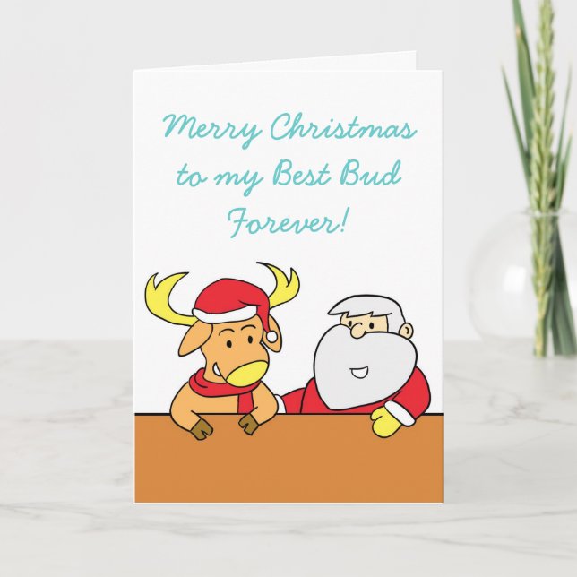 Tarjeta divertida de Navidad con renos y Santa (Anverso)
