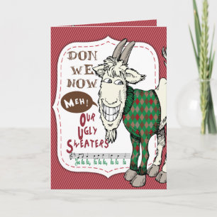 Tarjeta divertida de Navidad con suéter feo y cabr