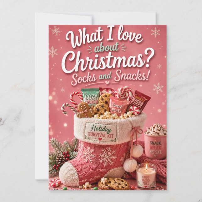 Tarjeta divertida de Navidad de calcetines y snack (Anverso)