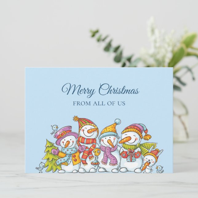 Tarjeta divertida de Navidad de muñecos de nieve (Anverso de pie)