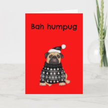 Tarjeta divertida de Navidad de pug gruñón bah hum
