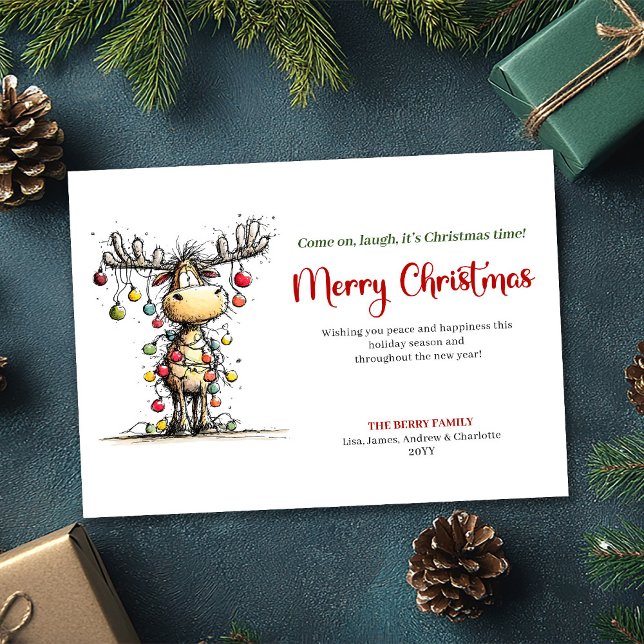 Tarjeta divertida de Navidad de reno juguetón (Playful Funny Reindeer Holiday Greeting Card)
