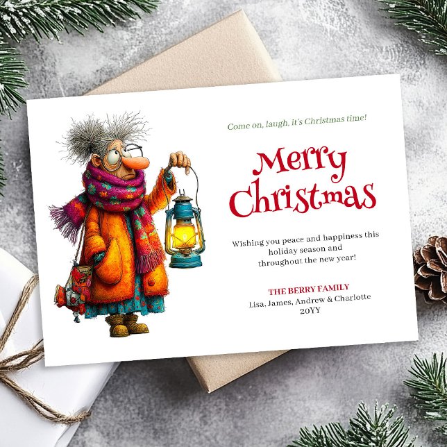 Tarjeta divertida de Navidad editable para mujer f (Festive Funny Woman Editable Christmas Greeting Card)