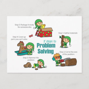 Tarjeta divertida de Navidad: Elfos resolviendo pr
