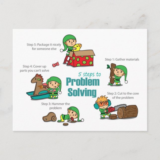Tarjeta divertida de Navidad: Elfos resolviendo pr (Anverso)