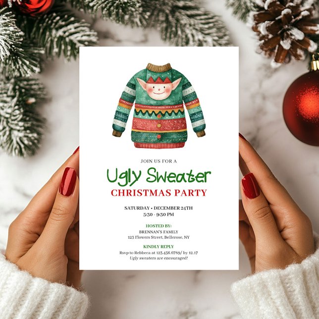 Tarjeta divertida de Navidad para fiesta con suéte (Playful Funny Ugly Sweater Xmas Party Card)