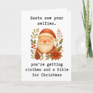 Tarjeta divertida de Navidad, Santa vio tus selfie