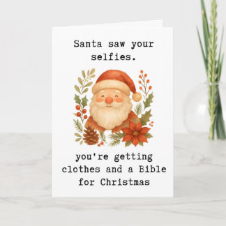 Tarjeta divertida de Navidad, Santa vio tus selfie
