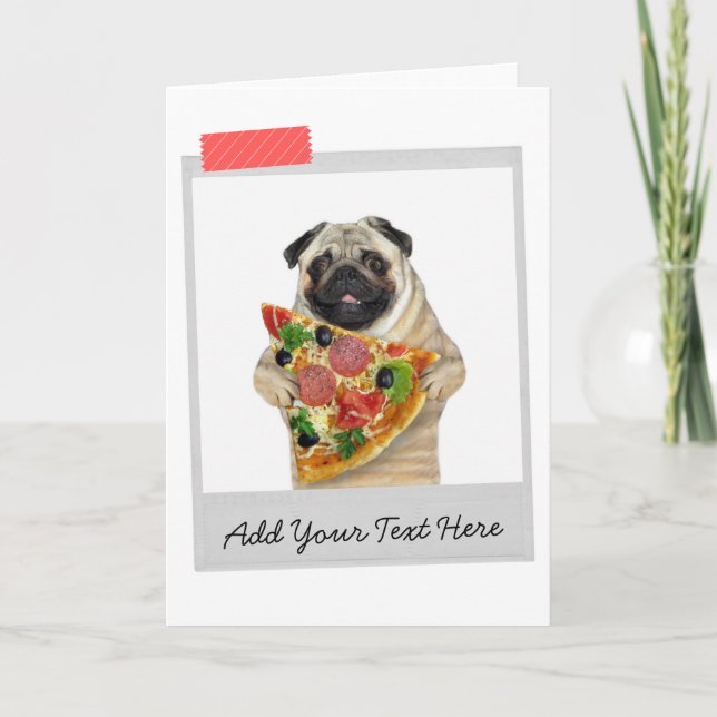 Tarjeta divertida de perro Pug de porción de pizza (Anverso)