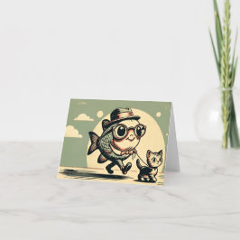 Tarjeta divertida de saludo de peces y gatos