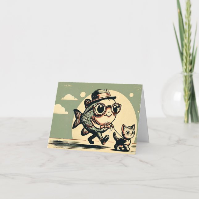 Tarjeta divertida de saludo de peces y gatos (Anverso)