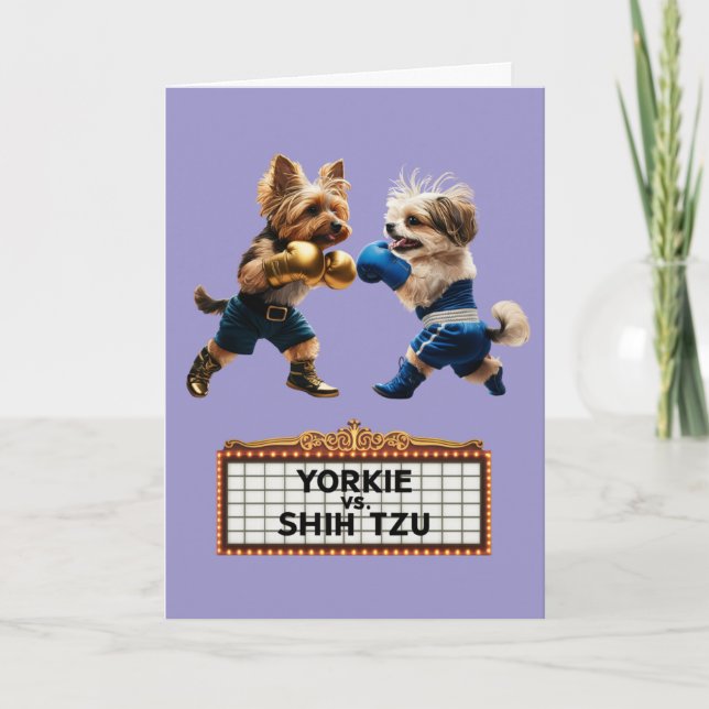 Tarjeta divertida de Yorkie vs. Shih Tzu (Anverso)