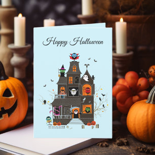 Tarjeta Divertida Feliz Halloween Casa Embrujada Gente