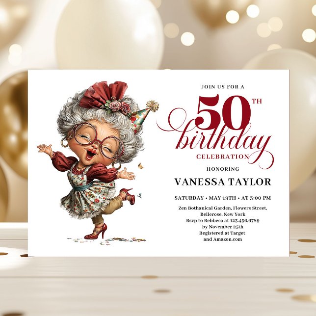 Tarjeta divertida para cumpleaños 50 de mujer con  (Funny 50th birthday woman whimsical party card)