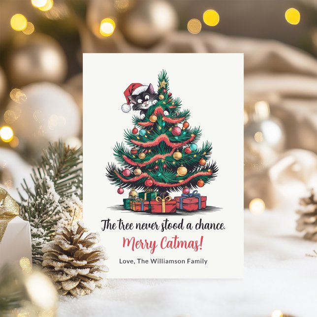 Tarjeta divertida para Navidades de gatos ventilad (Funny Vintage Cat Christmas Card on a table with Christmas decoration)