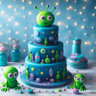 TARJETA DIVERTIDO ALIEN VERDE Y FIESTA DE CUMPLEAÑOS INFAN