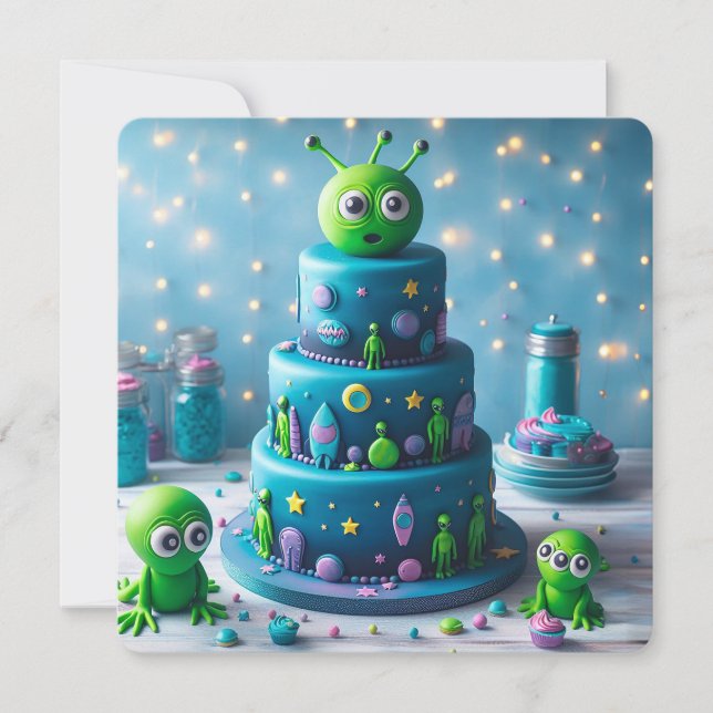 TARJETA DIVERTIDO ALIEN VERDE Y TARTA DE CUMPLEAÑOS PARA N (Anverso)