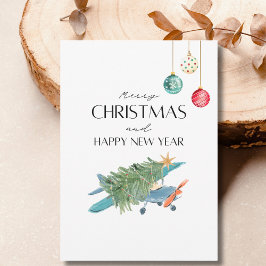 Tarjeta Divertido árbol de Navidad en avión y foto familia
