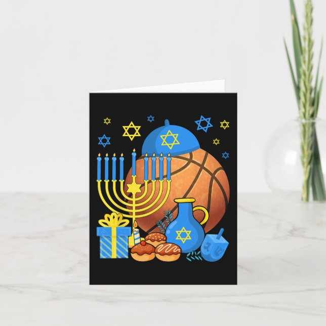 Tarjeta Divertido baloncesto judío Menorah Happy Hanukkah (Anverso)