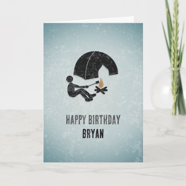 Tarjeta Divertido Camper feliz, carpas y mirada Metalizado (Anverso)