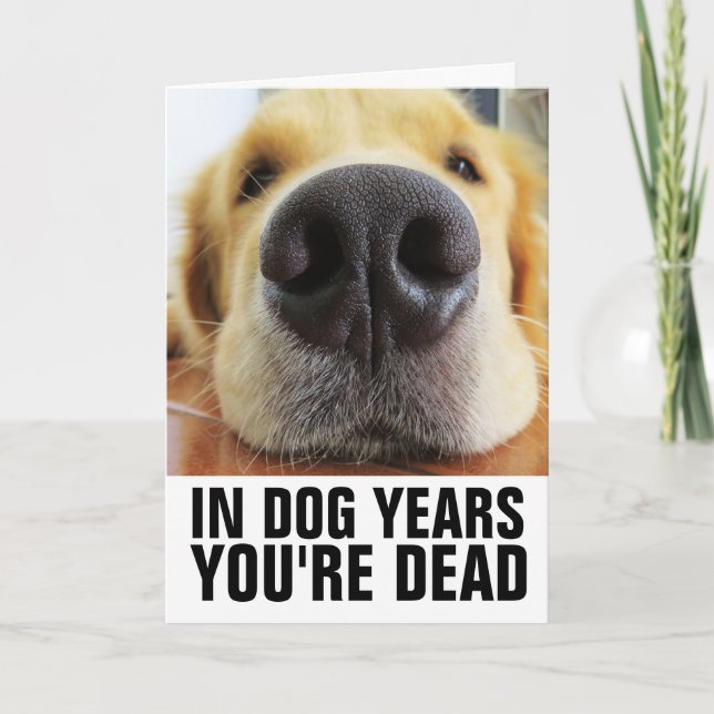 TARJETA DIVERTIDO CUMPLEAÑOS, EN AÑOS DE PERRO ESTÁS MUERT (Anverso)