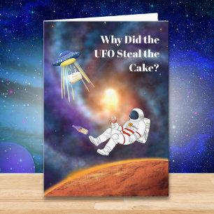 Tarjeta Divertido cumpleaños espacial, ovni robando pastel