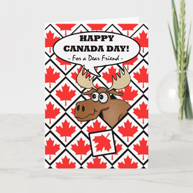 Tarjeta Divertido Día de Canadá para un amigo, alce con mo (Anverso)