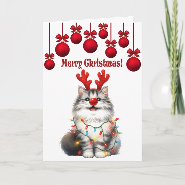 Tarjeta Divertido Fluffy Funny Cat Navidades (Anverso)