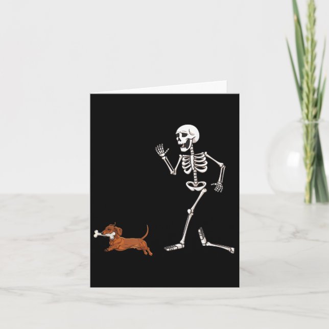 Tarjeta Divertido Halloween Dachshund Y Skeleton (Anverso)