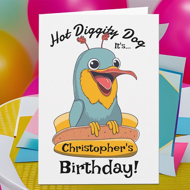 Tarjeta Divertido Perro Caliente Amante De Ave Silenciosa  (Excited bird character loves hot dogs! Personalized birthday card for kids says, "hot diggity dog")
