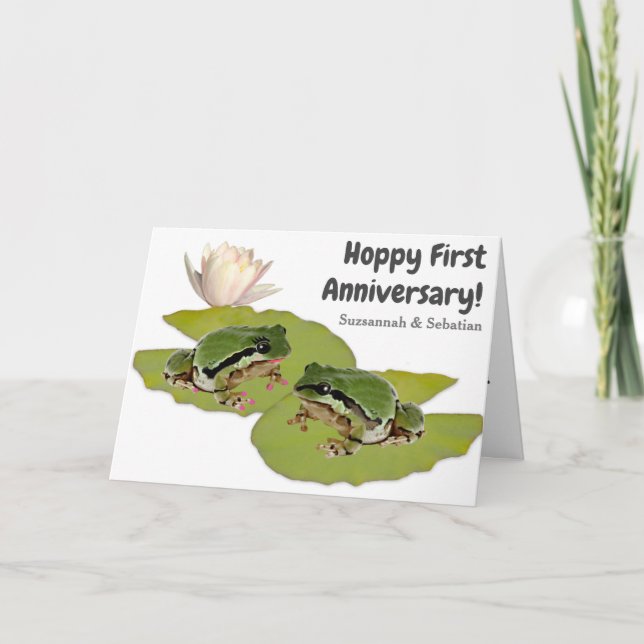 Tarjeta Divertido primer aniversario de Frog Pareja Foto d (Anverso)