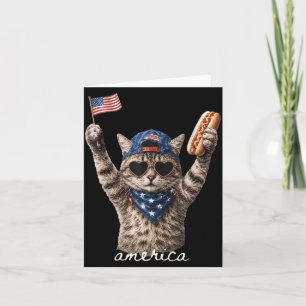 Tarjeta Divertido Retro Gato Amante De Hot Dogs Patriótico