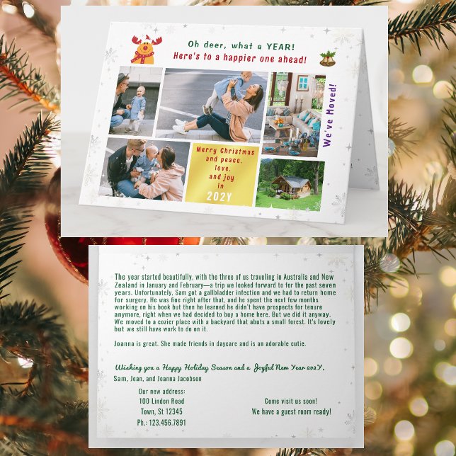 Tarjeta Divertido Rudolph Oh Deer Hemos mudado 5 fotos mod (Modern, elegant, funny Rudolph Xmas We've Moved Announcement. 5 Photos. Peace, Love, Joy. Snowflakes)