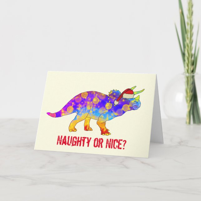 Tarjeta Divertido triceratops festivo dinosaurio travieso  (Anverso)