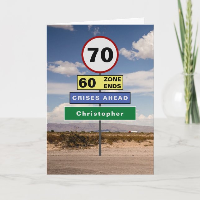 Tarjeta Divertidos 70 cumpleaños Humor Road Rótulos añaden (Anverso)
