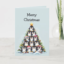 Tarjeta Divertidos pingüinos de árbol de Navidad saludos