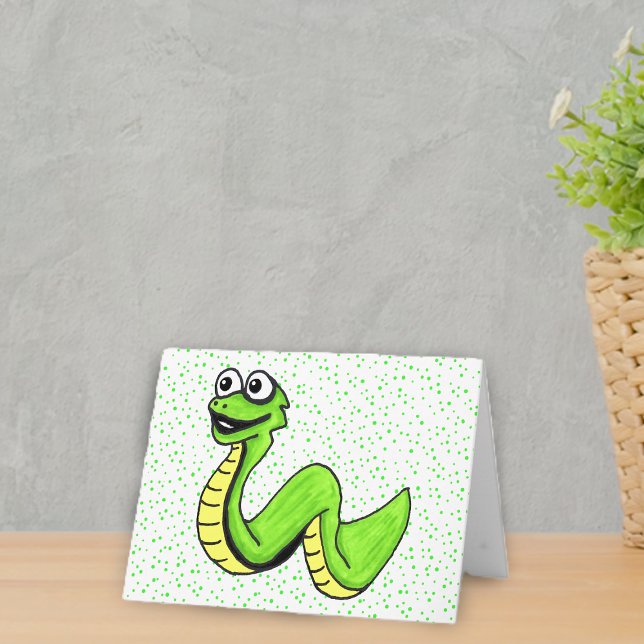 Tarjeta Divertidos sonrientes Serpiente Verde Amarillo Gra (Cute cartoon bright green smiling snake on white with green dots notecard for kids.)