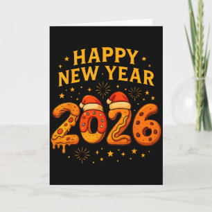 Tarjeta Diviértete 2026 Feliz Año Nuevo Comida Pizza Donut