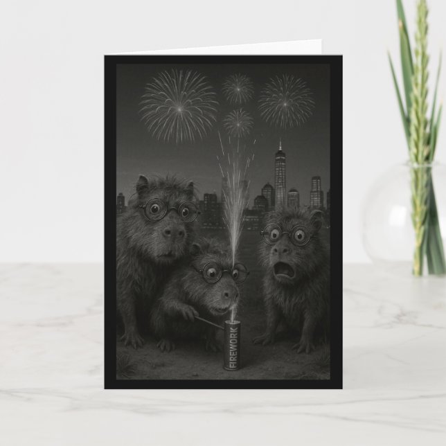Tarjeta Diviértete Capybara Fuegos Artificiales Feliz Año  (Anverso)