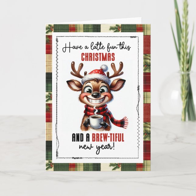 Tarjeta Diviértete con un Latte esta Navidad Reno (Anverso)