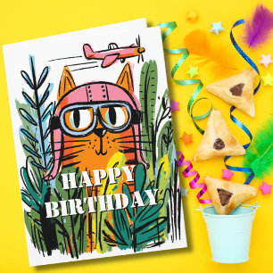 Tarjeta Diviértete Cumpleaños Gato Piloto Aviador Gato Pap