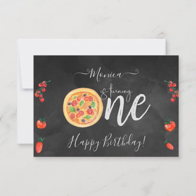 Tarjeta Divisiones de pizza divertida, primer cumpleaños f (Anverso)