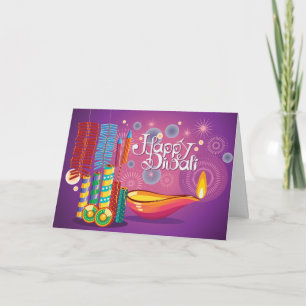 Tarjeta Diwali Diyas y petardos en morado