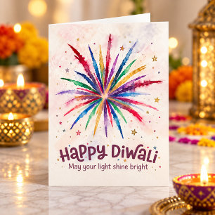 Tarjeta Diwali Feliz Coloridos Fuegos Artificiales Acuarel