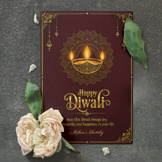 Tarjeta Diwali Feliz Elegante Diya Mandala Burdeos