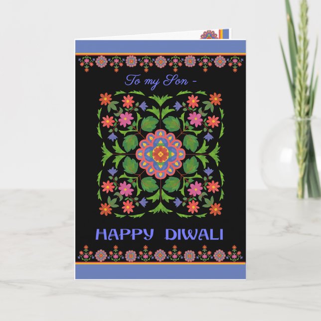 Tarjeta Diwali para un hijo, patrón Rangoli en neg (Anverso)