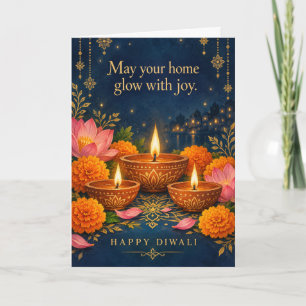 Tarjeta Diyas Resplandecientes Marigold Loto Diwali Feliz