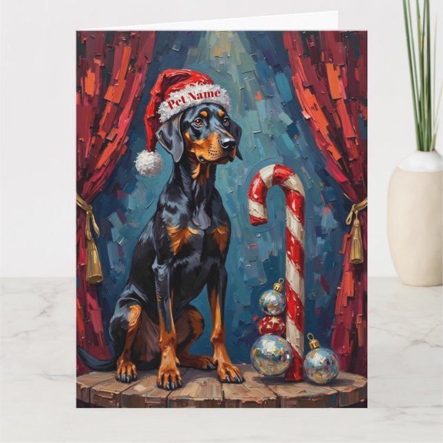 Tarjeta Doberman Balancing Act Christmas Candy Cane Hat (Anverso)