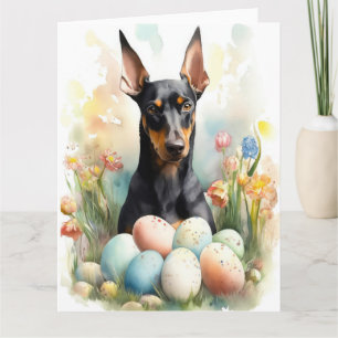 Tarjeta Doberman con huevos de Pascua